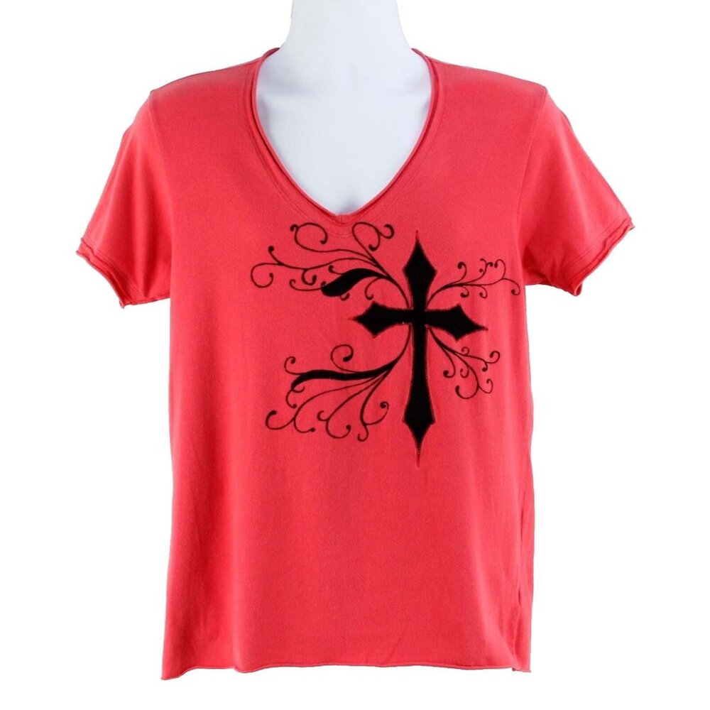 History Sz S Red Black Cotton Blend Short Sleeve V Neck Embellished T Shirt